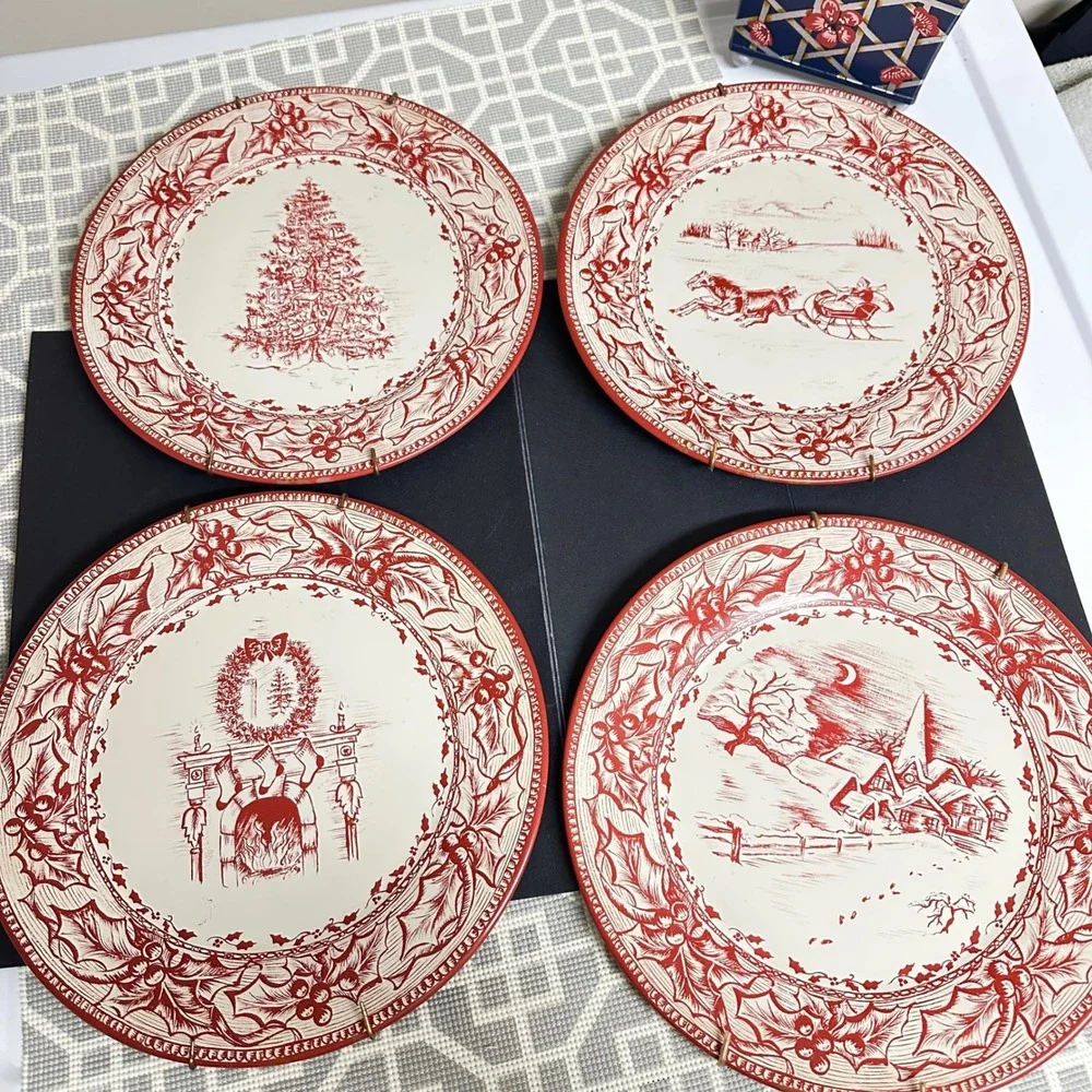 Restoration Hardware 2003 Vintage Holiday Christmas Tin Plates Decor 4 Piece Set